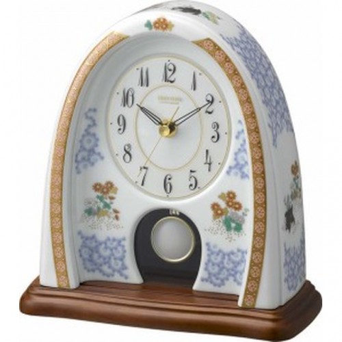 Rhythm (Japan) - 8 "Inch Height High Grade Aritayaki Porcelian Clock Table Clock - 21x21.9x10Cm (Silent Movement, Silent Silky Blue Wooden Case)