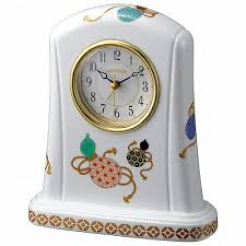 Rhythm (Japan) - 6 "Inch Height High Grade Aritayaki Porcelian Clock Table Clock - 16.7x19.1x7.1Cm (Silent Movement, Silent Silky Blue Wooden Case)