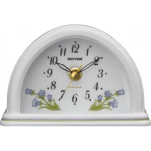 Rhythm (Japan) - 5 "Inch Height High Grade Aritayaki Porcelian Clock Table Clock - 15.1x10.4x6.6Cm (Silent Movement, Silent Silky Blue Wooden Case)
