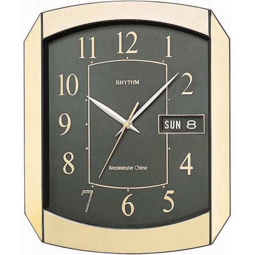 Rhythm (Japan) Gold Plastic Ractangle Clock Westminster Chime and Strike, Day Date Calendar, Automatic Night Mode Polyresin Case Analogue 28.8x34.8x5.3cms