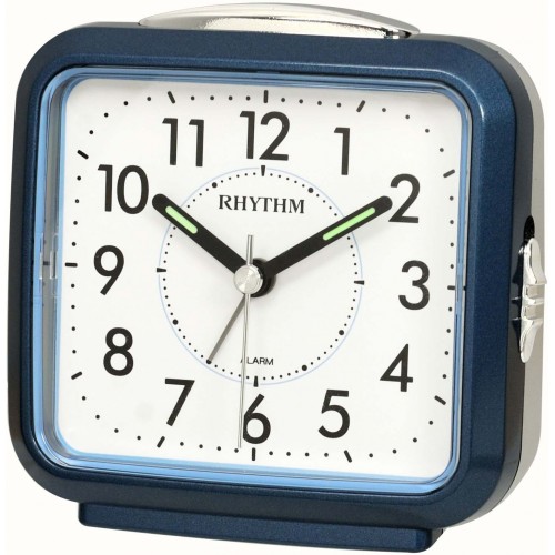 Rhythm (Japan) Blue Plastic Square 4 Steps Increasing Beep Alarm, Snooze, Light, Silent Silky Move, Quartz Movement, Pearl Printing Pial Grey Case/Plastic Case Analogue 9.5x9.2x5.5cms