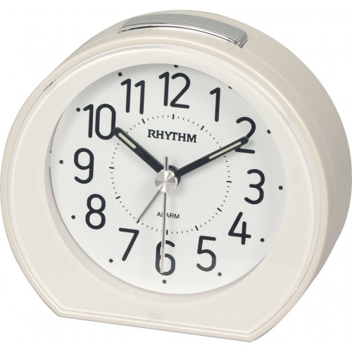 Rhythm (Japan) White Plastic Rounded Design Beep Alarm, Snooze, Light, Silent Silky Move, Quartz Movement, Pearl Printing Pial Grey Case/Plastic Case Analogue 8.8x8.1x3.8cms