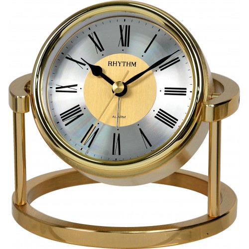 Rhythm (Japan) Gold Stainless Steel Rounded Design Desk Clock in a Metal case on a Stand Gold Case/Metal Case Analogue