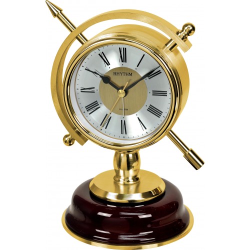Rhythm (Japan) Gold Wood/Stainless Steel Round Desk Clock in a Metal case on a Wooden Stand. Gold Case/Metal Case Analogue