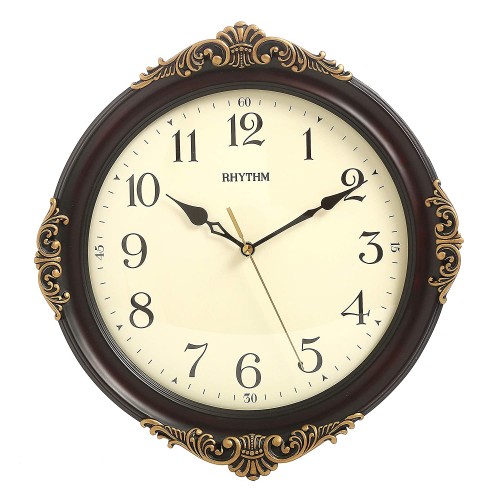 Rhythm (Japan) Brown Wood Round Clock Wooden Wall Clock Chime Convex Glass, Silent Silky Move Brown Case/Poly Case Wall Clock ⌀32.8x35.0x4.5cm