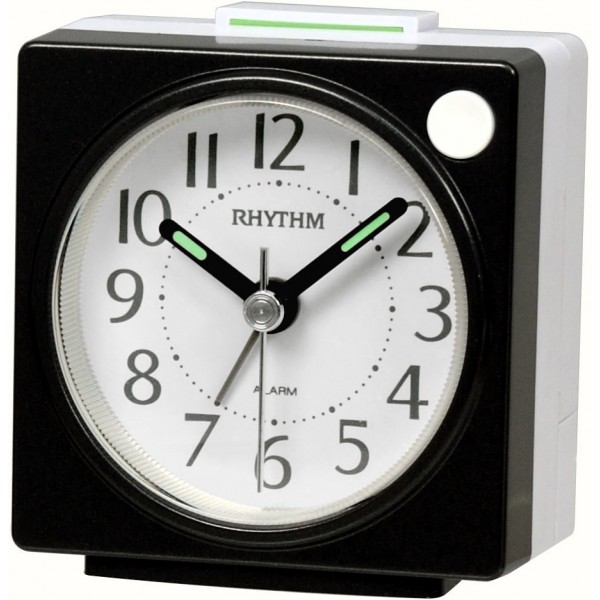 Rhythm - ( Japan) Plastic Case Square Clocks, 4 Steps Increasing Beep Alarms, Snooze, Light, Silky Move Dimension - ( 2.59 x 1.18 inches)